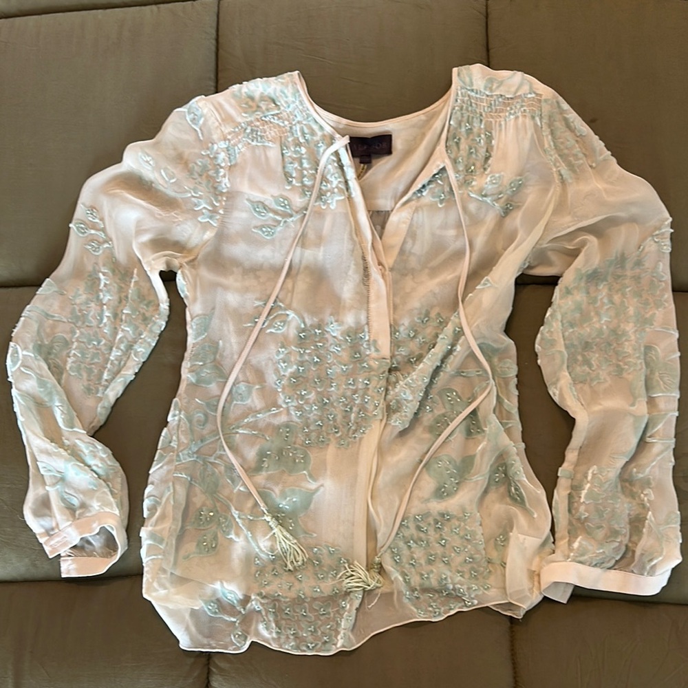 Anthropologie Cream Long Sleeve Ruched Tie Front Blouse